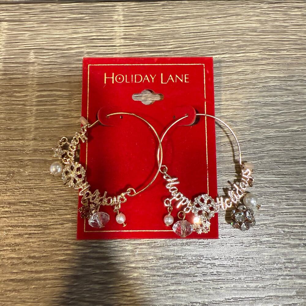 Holiday Lane Gold Happy Holidays Hoop Earrings NWT